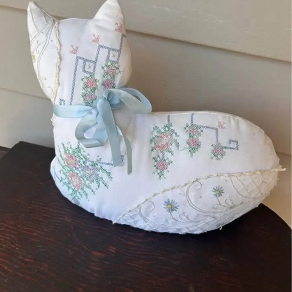 Handmade Cat Pillow Vintage Embroidered Linens